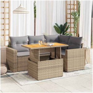 Soffgrupp för trädgården med dynor 5 delar beige konstrotting vidaXL