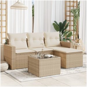 Soffgrupp för trädgården med dynor 5 delar beige konstrotting vidaXL