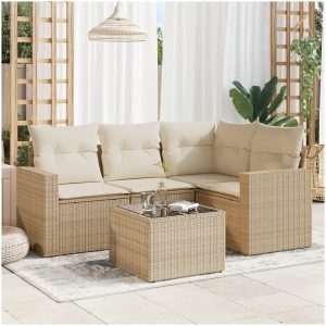 Soffgrupp för trädgården med dynor 5 delar beige konstrotting vidaXL