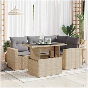 Soffgrupp för trädgården med dynor 5 delar beige konstrotting vidaXL