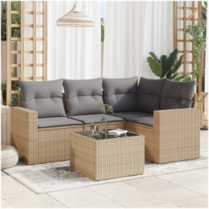 Soffgrupp för trädgården med dynor 5 delar beige konstrotting vidaXL