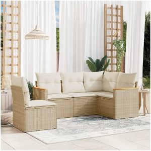 Soffgrupp för trädgården med dynor 5 delar beige konstrotting vidaXL