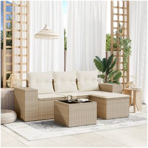 Soffgrupp för trädgården med dynor 5 delar beige konstrotting vidaXL