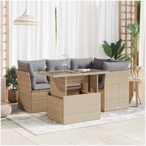 Soffgrupp för trädgården med dynor 5 delar beige konstrotting vidaXL