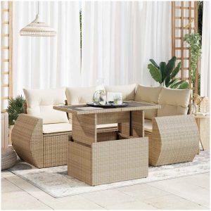 Soffgrupp för trädgården med dynor 5 delar beige konstrotting vidaXL