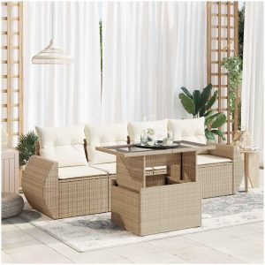 Soffgrupp för trädgården med dynor 5 delar beige konstrotting vidaXL