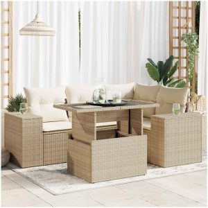 Soffgrupp för trädgården med dynor 5 delar beige konstrotting vidaXL
