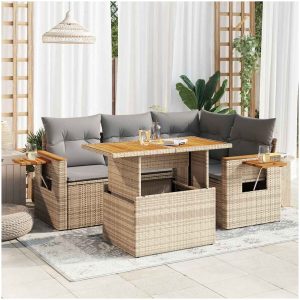 Soffgrupp för trädgården med dynor 5 delar beige konstrotting vidaXL