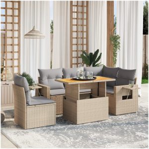 Soffgrupp för trädgården med dynor 6 delar beige konstrotting vidaXL
