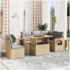Soffgrupp för trädgården med dynor 6 delar beige konstrotting vidaXL
