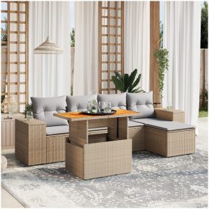 Soffgrupp för trädgården med dynor 6 delar beige konstrotting vidaXL
