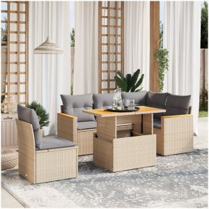 Soffgrupp för trädgården med dynor 6 delar beige konstrotting vidaXL