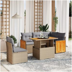 Soffgrupp för trädgården med dynor 6 delar beige konstrotting vidaXL