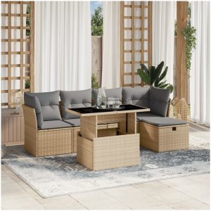 Soffgrupp för trädgården med dynor 6 delar beige konstrotting vidaXL