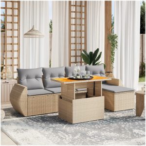 Soffgrupp för trädgården med dynor 6 delar beige konstrotting vidaXL