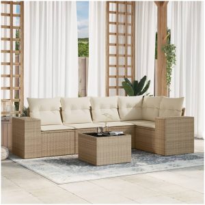 Soffgrupp för trädgården med dynor 6 delar beige konstrotting vidaXL