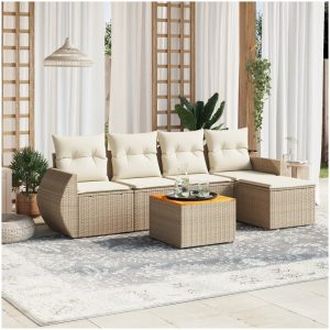 Soffgrupp för trädgården med dynor 6 delar beige konstrotting vidaXL