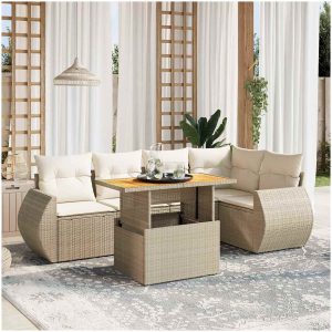 Soffgrupp för trädgården med dynor 6 delar beige konstrotting vidaXL