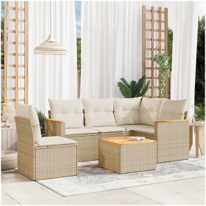 Soffgrupp för trädgården med dynor 6 delar beige konstrotting vidaXL