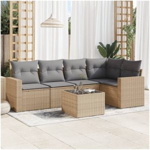 Soffgrupp för trädgården med dynor 6 delar beige konstrotting vidaXL