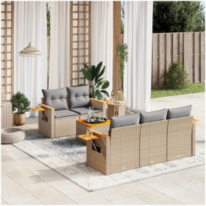 Soffgrupp för trädgården med dynor 6 delar beige konstrotting vidaXL