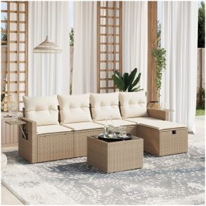 Soffgrupp för trädgården med dynor 6 delar beige konstrotting vidaXL