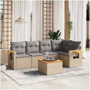 Soffgrupp för trädgården med dynor 6 delar beige konstrotting vidaXL