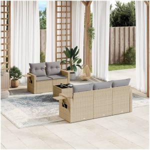 Soffgrupp för trädgården med dynor 6 delar beige konstrotting vidaXL