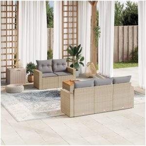 Soffgrupp för trädgården med dynor 6 delar beige konstrotting vidaXL