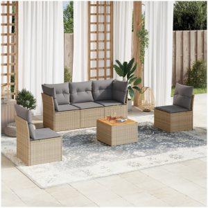 Soffgrupp för trädgården med dynor 6 delar beige konstrotting vidaXL