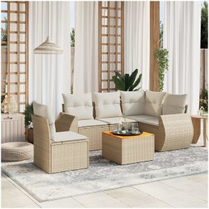 Soffgrupp för trädgården med dynor 6 delar beige konstrotting vidaXL