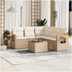 Soffgrupp för trädgården med dynor 6 delar beige konstrotting vidaXL