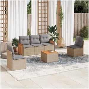 Soffgrupp för trädgården med dynor 6 delar beige konstrotting vidaXL
