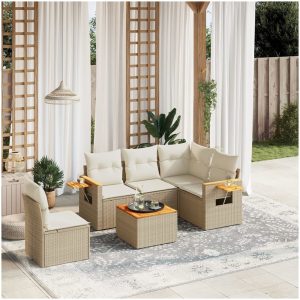Soffgrupp för trädgården med dynor 6 delar beige konstrotting vidaXL