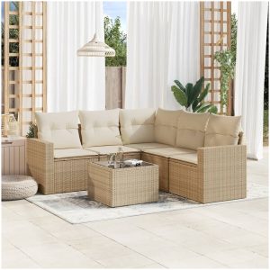 Soffgrupp för trädgården med dynor 6 delar beige konstrotting vidaXL