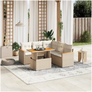 Soffgrupp för trädgården med dynor 6 delar beige konstrotting vidaXL
