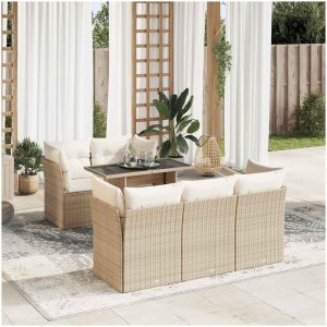 Soffgrupp för trädgården med dynor 6 delar beige konstrotting vidaXL