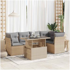 Soffgrupp för trädgården med dynor 6 delar beige konstrotting vidaXL
