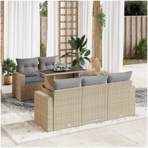 Soffgrupp för trädgården med dynor 6 delar beige konstrotting vidaXL