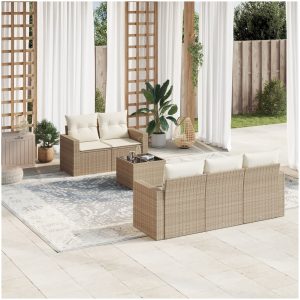 Soffgrupp för trädgården med dynor 6 delar beige konstrotting vidaXL