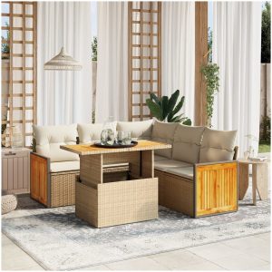 Soffgrupp för trädgården med dynor 6 delar beige konstrotting vidaXL