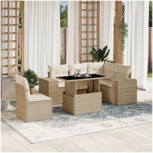 Soffgrupp för trädgården med dynor 6 delar beige konstrotting vidaXL