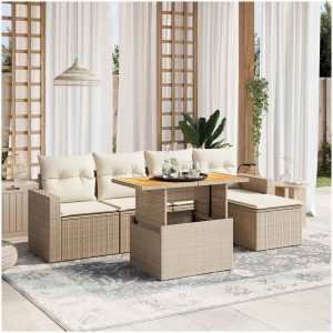 Soffgrupp för trädgården med dynor 6 delar beige konstrotting vidaXL