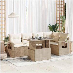 Soffgrupp för trädgården med dynor 6 delar beige konstrotting vidaXL