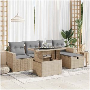 Soffgrupp för trädgården med dynor 6 delar beige konstrotting vidaXL