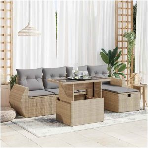 Soffgrupp för trädgården med dynor 6 delar beige konstrotting vidaXL