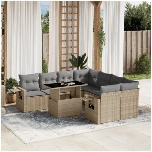 Soffgrupp för trädgården med dynor 9 delar beige konstrotting vidaXL