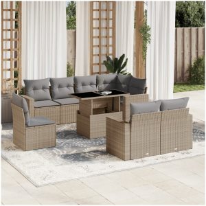 Soffgrupp för trädgården med dynor 9 delar beige konstrotting vidaXL