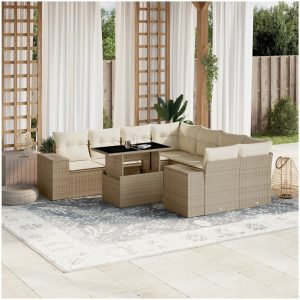 Soffgrupp för trädgården med dynor 9 delar beige konstrotting vidaXL