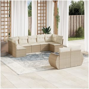 Soffgrupp för trädgården med dynor 9 delar beige konstrotting vidaXL